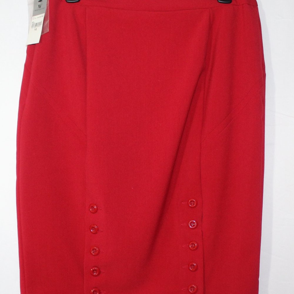 Red Pencil Skirt with Buttons Down Front